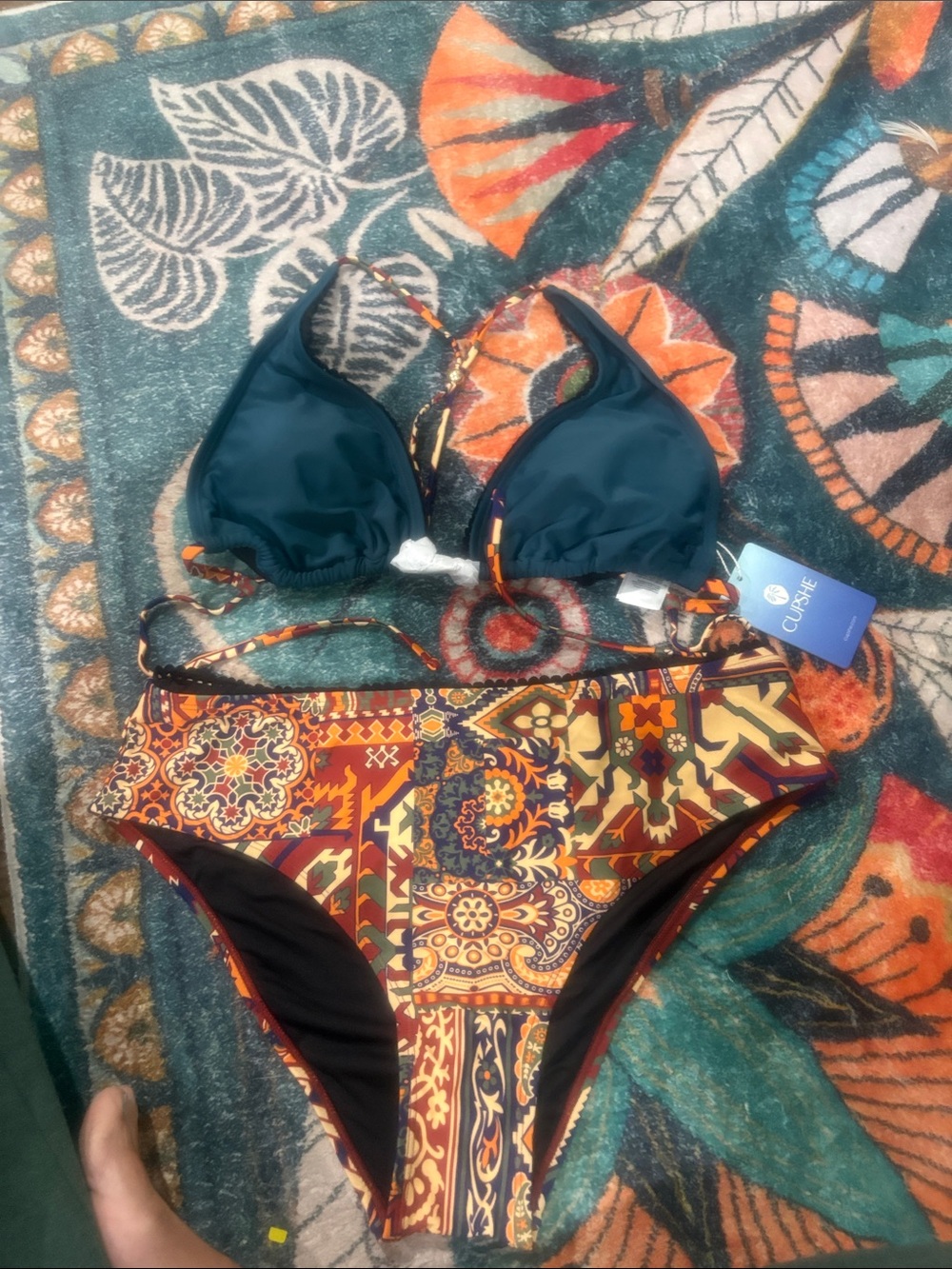 Cupshe Teal and Multi-Color Printed Triangle Bikini Set